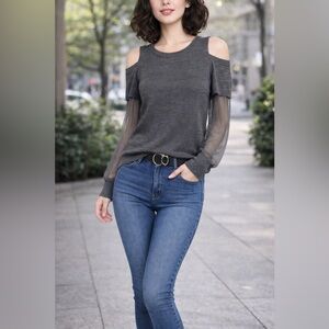Women’s Gray Cold Shoulder Knit Sweater Top Sheer Mesh Long Sleeve Pullover